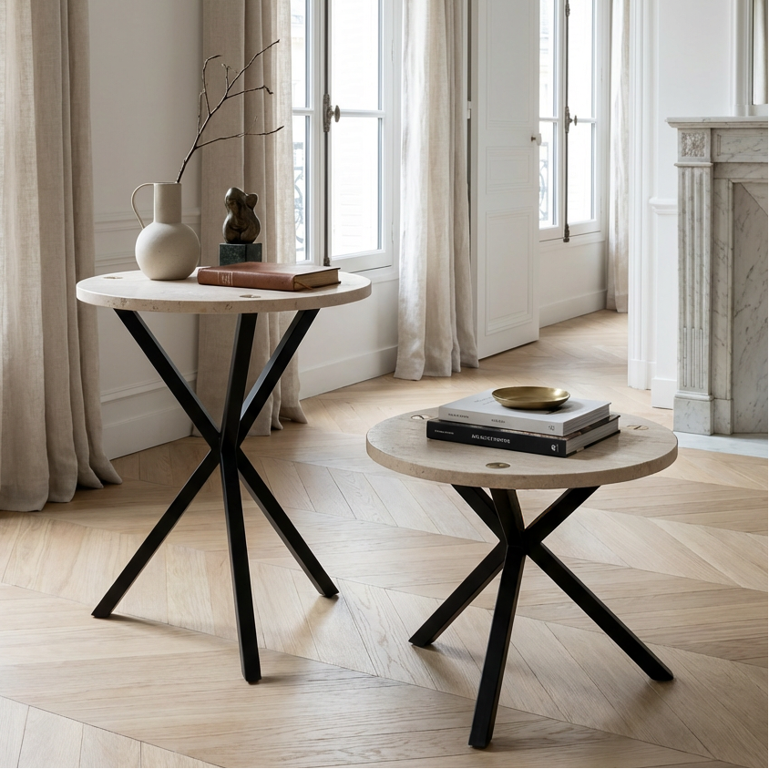 NEB Round Side Table With Top In Travertine